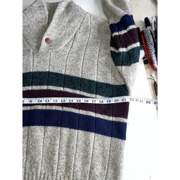 Vintage 1990s Eddie Bauer Mens Striped Wool Cowl Neck Chunky Sweater L - Picture 6 of 9
